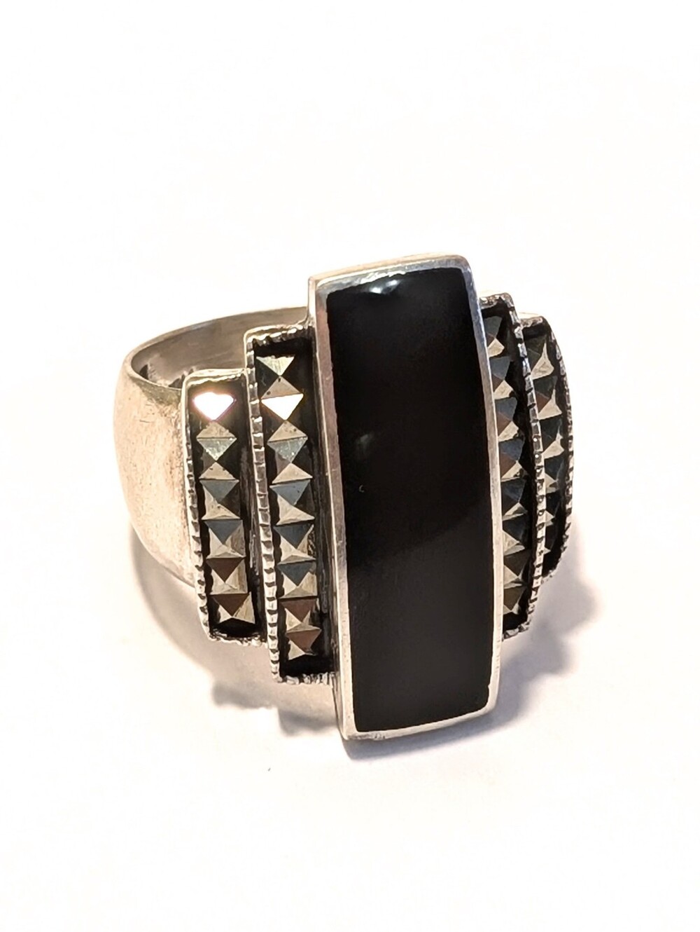 Vtg Art Deco Designer Signed CFJ Sterling Silver Black Onyx Marcasite Sz8.5 Ring